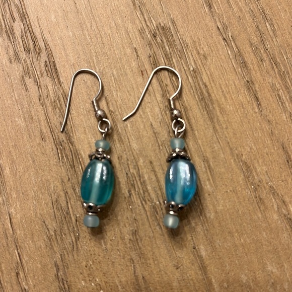 Coastal Cowgirl Bohemian Turquoise Glass Bead and Silver Handmade Earrings - Picture 3 of 7